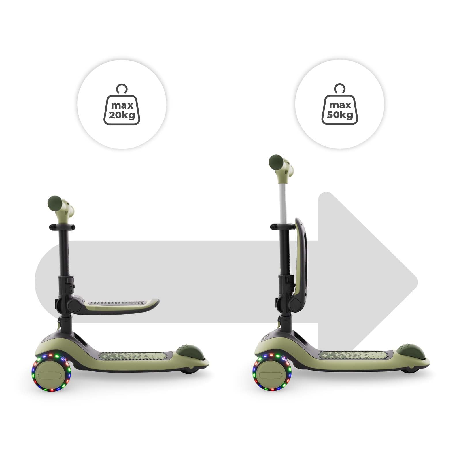 Kinderkraft Halley 2, Correpasillos Desde 12 Meses y Patinete Desde 24 Meses, 2 en 1, para Niños, Ajustable, Triciclo, Bici sin Pedales, 3 Ruedas, LED, Multifuncional, hasta 50 kg, Verde