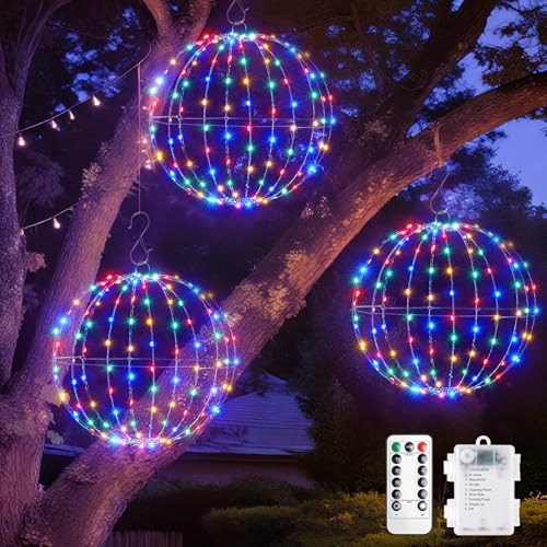 Brightown Christmas Ball Lights 3 Pack 12 Inch 120 LEDs, Battery Operated Sphere Lights with Timer,Waterproof 8 Modes with Hook for Outdoor Xmas Decorations Yard Porch Patio(Multicolor)