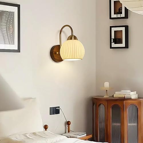 Miniatura 5 de Aplique de pared de cerámica blanca vintage, lámpara de pared con cable de madera, lámpara de pared retro E26E27, iluminación de base para sala de