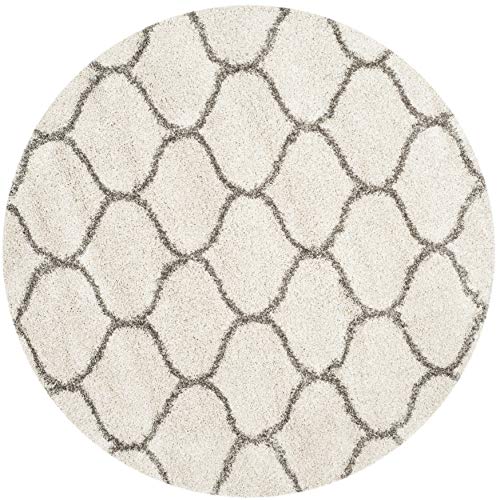 SAFAVIEH Hudson Shag Collection 8' Round Ivory/Grey SGH280A Moroccan Ogee Trellis Non-Shedding Living Room Bedroom Dining Room Entryway Plush 2-inch Thick Area Rug
