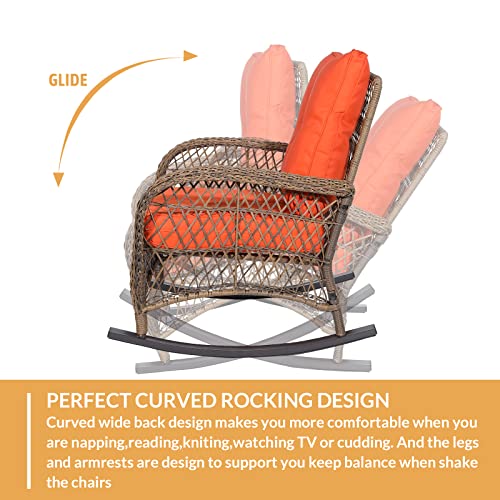 W Warmhol Outdoor Wicker Oversized Rocking Chair, All Weather- Resistant Patio Rocking Chair For Garden Lawn, Patio Wicker Furniture Seat With 4” Thick Cushion, Orange #TOP2