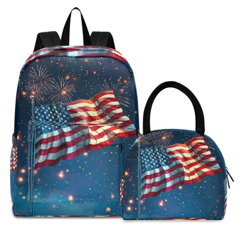 Bookbag Lunch Box Set Waterproof Cooler Backback, Lunch Box Backpacks Set Girls, American Flag Fireworks Blue