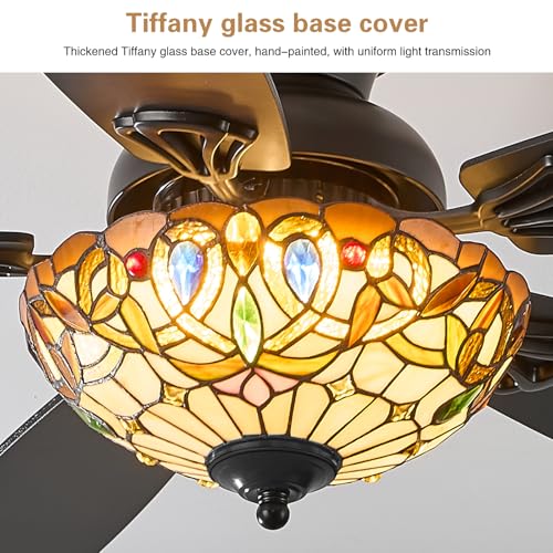 Size 48 Color Brown Tiffany Ceiling Fans with Lights - 48 Ceiling Fan Chandelier with 5 Dual-Blades and Glass Shade, 6 Speeds and Reversible, Indoor and Outdoor, Retro Style