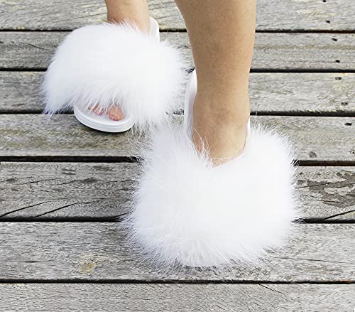 Image of Faux Fur Slides for Women, Fuzzy Slippers Fluffy Sandals Furry House Shoes Indoor Outdoor