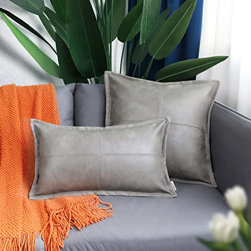 BRAWARM Gray Leather Throw Pillow 16 X 16 Inches, Faux Leather Pillow Cover with Piping, Hand Stitched Leather Decorative Throw Pillow Covers for Couch Sofa Bed Living Room Garden by BRAWARM - Used condition - Image 3