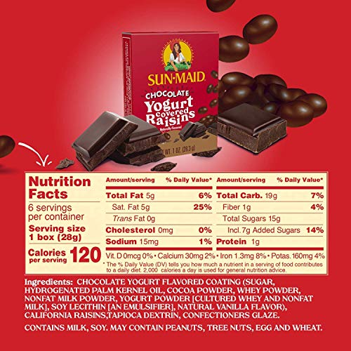 Sun-Maid Chocolate Yogurt Coated Raisins - (6 Pack) 1 oz Snack-Size Box - Yogurt Covered Dried Fruit Snack for Lunches and Snacks