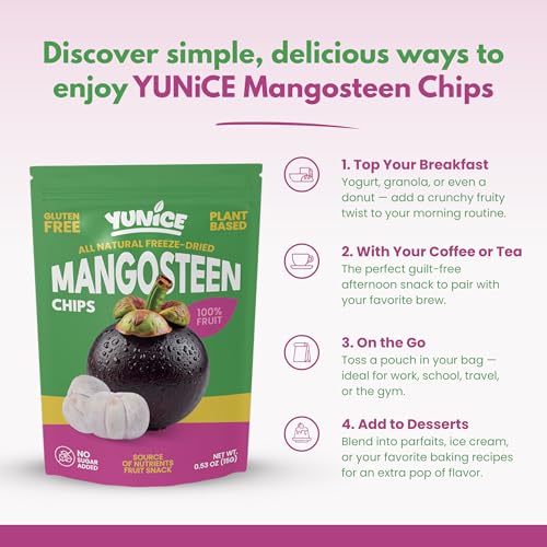 YUNiCE mangosteen Chips, freeze dried mangosteen Fruit Snack, 100% Real Fruit, No Sugar Added, Vegan Plant-Based, Gluten Free, Crispy Snack, 0.53 oz Single Serve Pouches, MANGOSTEEN (Pack of 12)