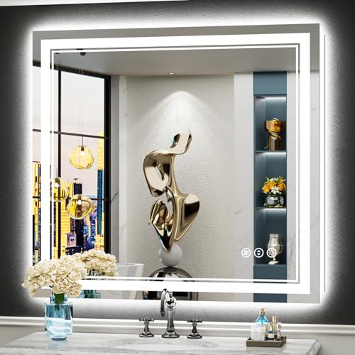 Image of 40x38 LED Bathroom Mirror with Lights, Backlit and Front Lit Anti-Fog Lighted Vanity Mirrors for Bathroom Wall, Dimmable, 3-Color Light, Memory, Shatter-Proof, HD Tempered Glass, CRI>90