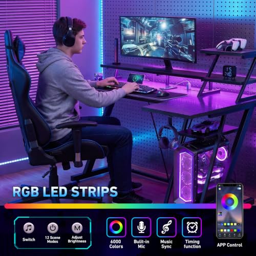 Image of Korfile 55 Inch Gaming Desk with Power Outlet, LED, Monitor Stand, Black