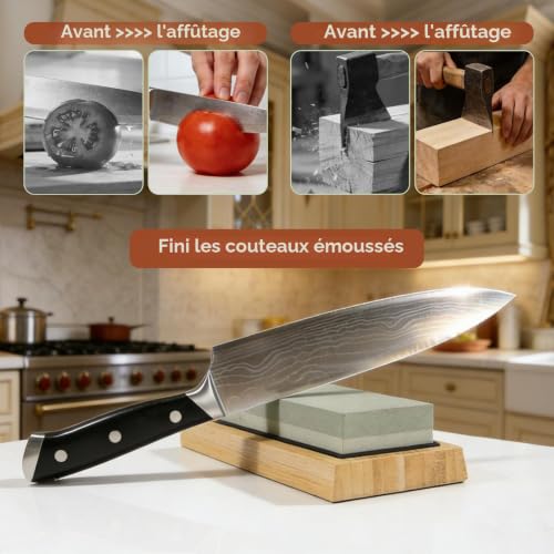 Romon Pierre à Aiguiser 4 en 1 avec Support Bambou et Cuir pour Tous Types de Couteaux – vue 6