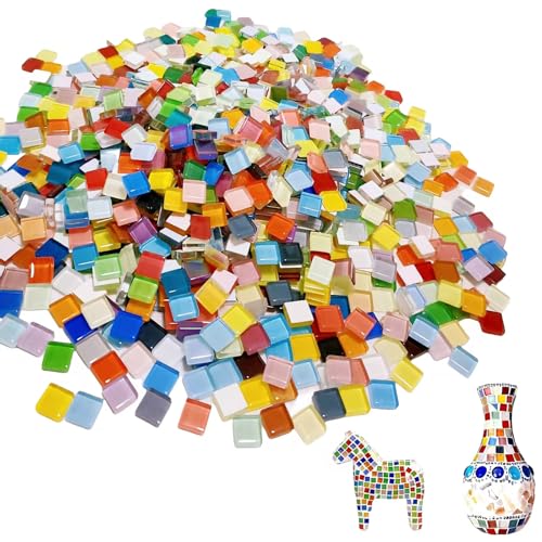 Lot de 1 kg de pierres de mosaïque en verre - Pour bricolage - 1 x 1 cm - Multicolore - Environ 1200 mini carreaux de mosaïque en cristal - Pour projets artistiques, décoration de mosaïque, décoration