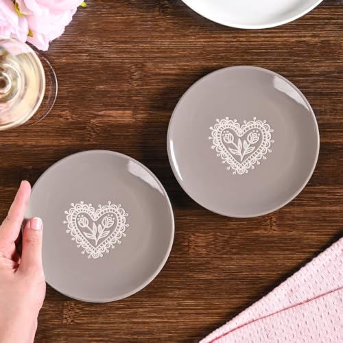Image of Nestasia Ceramic Snack Plate Set of 2 (15cm Each) - Small Round Heart Embossed Serving Plate for Desserts, Starters & Salad | Microwave & Dishwasher Safe, 100% Food Safe & Chip-Resitant (Taupe Grey)