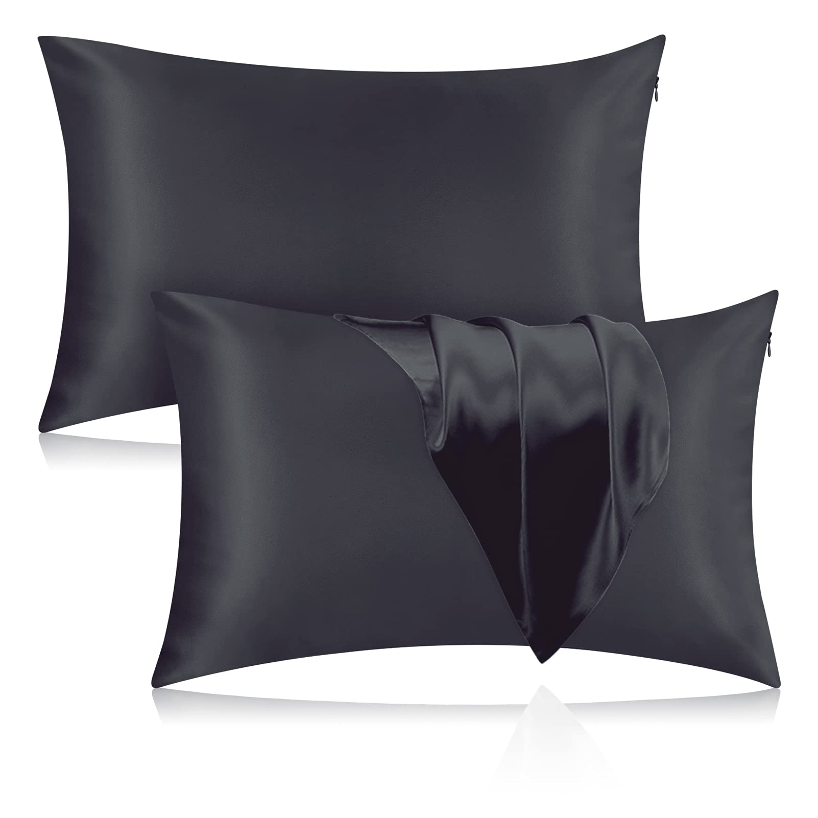 Silk Pillowcase for Hair and Skin, 2 Pack 100% Mulberry Silk Pillowcase 25 Momme, 600 Thread Count, Both Side Pure Silk Pillow Cover with Hidden Zipper (BlackGray, King 20''×36'')
