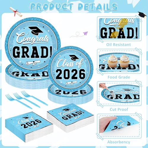 Image of QZYL 50 Set Graduation Party Supplies, Sky Blue Graduation Plates and Napkins 2026, Disposable Dessert Plates and Plastic Forks, 200Pcs Grad Party Tableware for Wedding, Birthday, Graduation