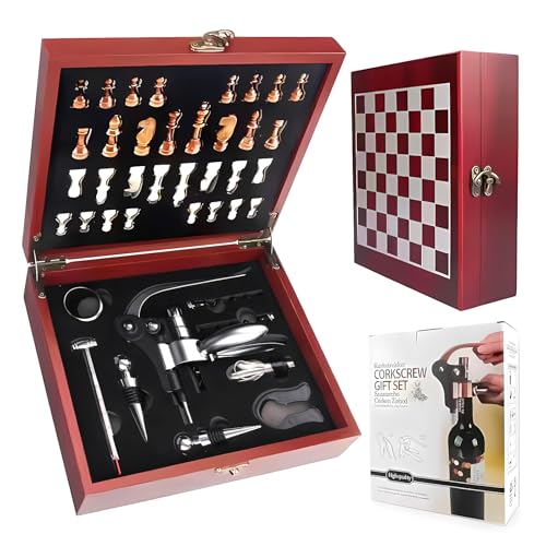 Abridor de vinho 2 em 1 e conjunto de xadrez para amantes de vinho Caixa com tabuleiro de xadrez, peças de xadrez/Abridor de garrafas Kit Abridor Vinho Aço Inoxidável 9 Pçs