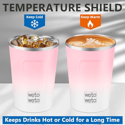 Image of WETOWETO 12 oz Stainless Steel Insulated Tumbler, Travel Coffee Mug, Insulated Coffee Mug with Lid, Spill Proof Coffee Cup, Portable Thermal Mug, Reusable Cup for Hot and Cold (Pink-White)