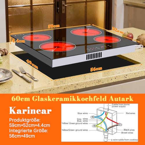Karinear Kochfeld 4 Platten 6000W, Glaskeramikkochfeld 60cm Autark Einbau, Touch-Steuerung, Herdplatte 4 Kochfelder mit Timer, Sicherheitsverriegelung, Restwärmeanzeige, 240V, Kein Stecker
