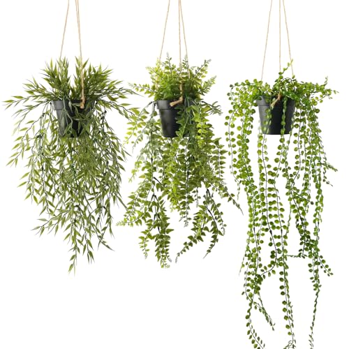 PENGYEE 3 Packs Fake Plants Hanging with Pots, Hanging Fake Vines for Wall Decor, Mandala Vine, Artificial Plants Indoor for Home Bathroom Bedroom Kitchen Office Room Decor