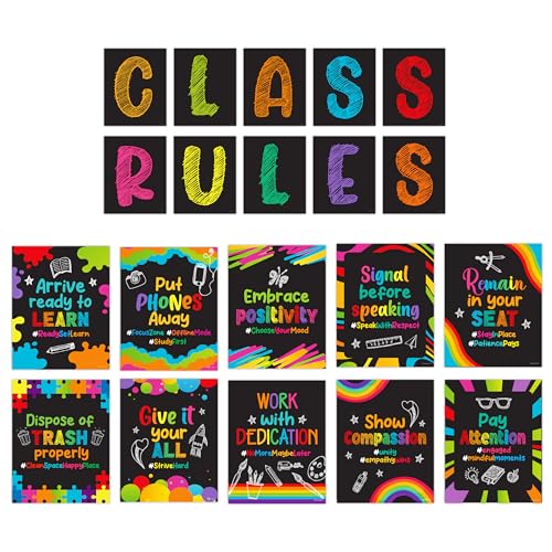 Decorably 20 Chalkboard Classroom Rules Poster Set for High School