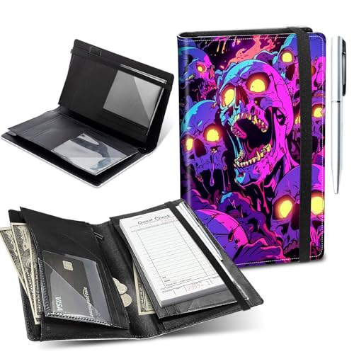 Server Book for Waitress,5.5x9 Inch - Waiter Book with Zipper Pocket,Pen Holder & Cash Compartments,Waterproof PU Leather Guest Check Organizer for Tips,Cards, Receipts,Purple Scream Skull