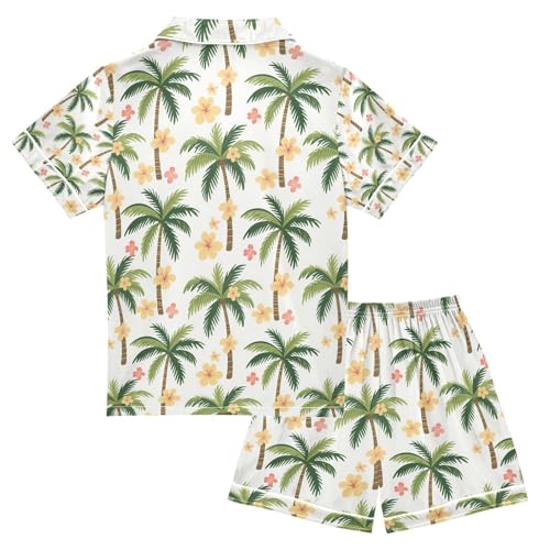 senya Palm Trees Flowers A Satin Summer Pajama Sets Silk Short Sleeve Button Down Sleepwear2