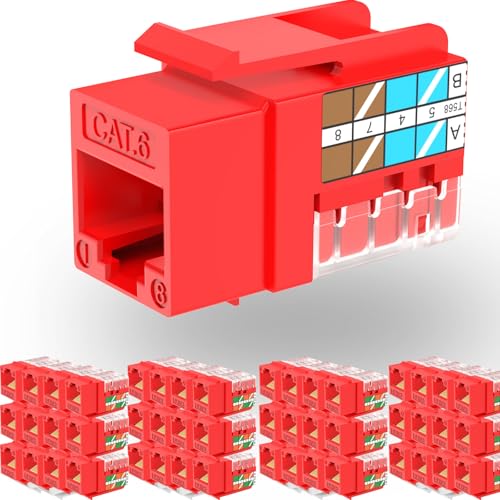 Rapink RJ45 Keystone Jack Cat6 10G Support, Keystone Jacks UTP 50 Pack for Wall Plate and Patch Panel, Rj45 Keystone 90 Degree Red Color for Cat6, Cat5e, Cat5 Cabling
