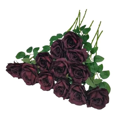 ATFL Fake Roses Artificial Flowers Bulk,Floral Diameter 4'',20 Pcs Artificial Silk Roses Flowers with Stems for Wedding Arrangement Centerpieces Party Home Table Decorations (20, Burgundy)