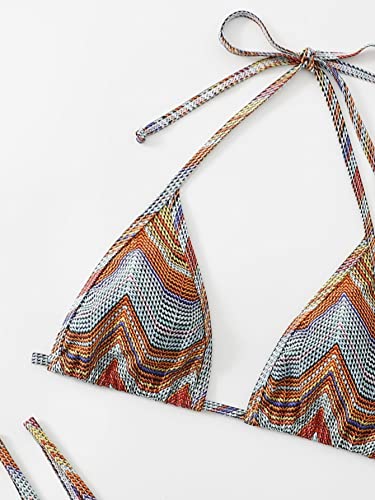 Shenhe Women's 2 Piece Striped Triangle Bikini Sets High Cut Halter Swimsuit Bathing Suit Multicolor L #TOP2