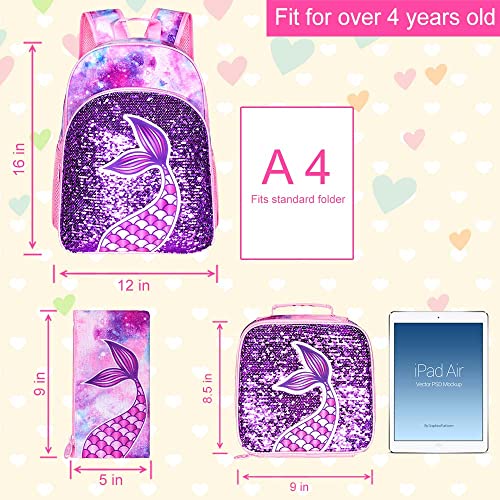 3Pcs Kids Backpacks For Girls, 16" Little Kid Mermaid Sequin Preschool School Bookbag And Lunch Box #TOP3