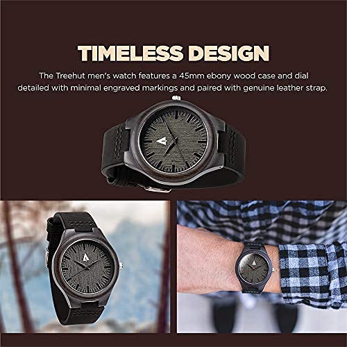 Treehut Mens Ebony Wooden Watch With Genuine Black Leather Strap Quartz Analo. #TOP1