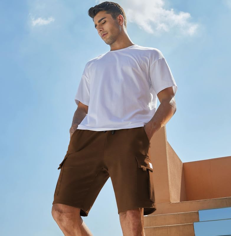 Image of Q - RIOUS Mens Casual Sweat Cargo Cotton Shorts Drawstring Elastic Waist Athletic Workout Gym Jogger Shorts with 5 Pockets