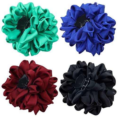 4 Pack Blue Black Burgundy Red Green Butterfly Octopus Korean Ribbon Silk Chiffon Large Rose Flower Bows Plastic Hair Claw Clips Jaw Barrettes Grips Clamps Decorative Bun Chignon Accessories For Women #TOP18