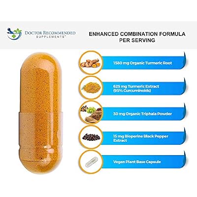 Turmeric Curcumin Supplement - 2250mg/d - Veggie Caps - 95% Curcuminoids with Black Pepper Extract (Bioperine) - 750mg Capsules - 100% Organic - Most Powerful Turmeric (180 Count)