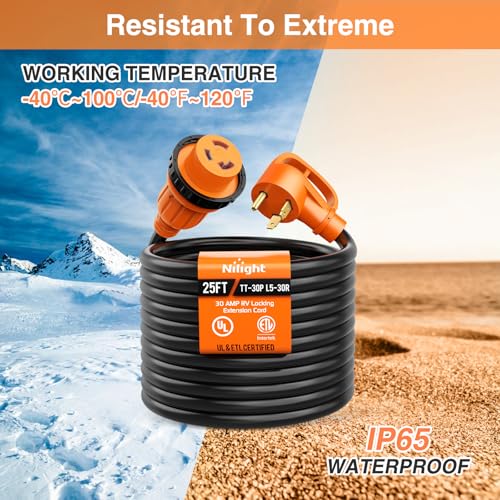 Image of Nilight 30 Amp 25FT RV Locking Extension Cord with Adapter 15Amp to 30Amp 125V Heavy Duty 10 Gauge Pure Copper STW Wire ETL Listed 3 Prong TT-30P L5-30R 30F /30M Weatherproof Suit for Camper Trailer
