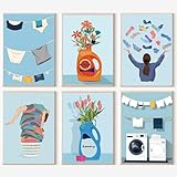 F.NIMAGOP 6Packs Laundry Room Paint by Numbers Kit for Adults，Easy Acrylic Adults' Paint-by-Number Kits,Watercolor Oil Paint by Numbers Kit on Canvas Without Frame for Home Wall Decor 7.8x11.8inch