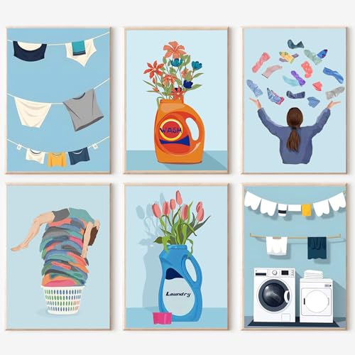 F.NIMAGOP 6Packs Laundry Room Paint by Numbers Kit for Adults，Easy Acrylic Adults' Paint-by-Number Kits,Watercolor Oil Paint by Numbers Kit on Canvas Without Frame for Home Wall Decor 7.8x11.8inch