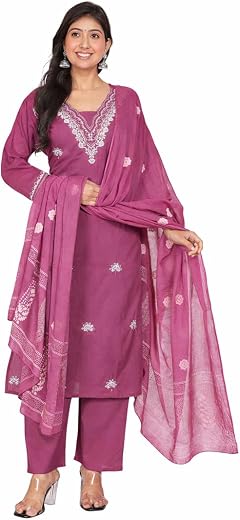 JUNAID FASHION Women's Pure Cotton Printed with Embroidery Kurta with Pants and Dupatta Set | Ethnic Wear for Women | Wedd...