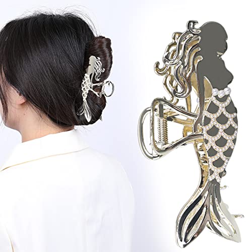 Gold Hair Clips Mermaid Shape Hair Claw Clip With Glitter Rhinestones Fashion Large Metal Hair Claw Clips Nonslip Hollow Hair Jaw Clamp Clips For Women Thick Hair Thin Hair Hairstyling Hair Accessories #TOP9