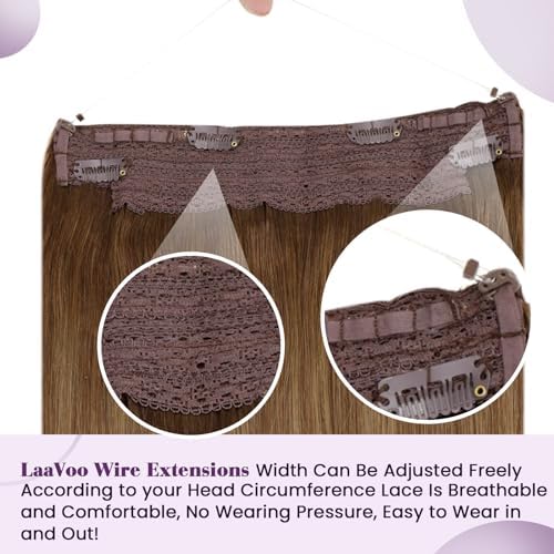 LaaVoo Wire Hair Extensions Human Hair 20 Inch Wire Human Hair Extensions Brown Balayage Light Brown with Blonde Invisible Fishing Line 106g — view 4