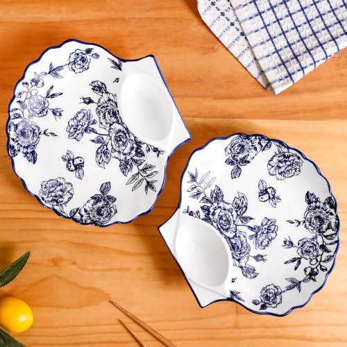 Image of Nestasia Ceramic Snack Plates Set of 2 - Serving Plate with Dip Section for Chutney | Microwave & Dishwasher Safe Shell Shaped Design for Kids & Adults - Perfect for Fries, Momos, Kebab (Blue & White)