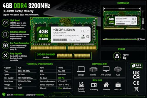 Image of 4GB DDR4 3200MHz OEM Laptop RAM Compatible with Samsung [Key Specs: PC4-25600 /3200AA | 260-Pin SO-DIMM | CL22 | 1Rx16 | 1.2V | Non-ECC] | 1 Year Seller Warranty