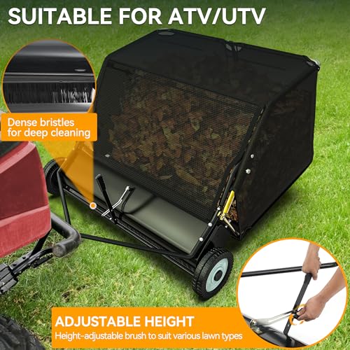 YINTATECH 50in Tow-Behind Lawn Sweeper, Heavy-Duty Garden Sweeper with Hopper Bag, Grass Collector, Adjustable Brush Height, Anti-Splash Cover, and Dumping Rope from Seat Handle for Yard Lawn
