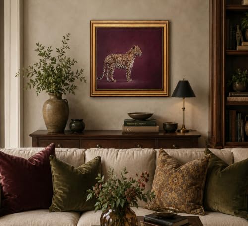 Image of Gold Framed 3D Textured Wall Art, Vintage Burgundy Cheetah Canvas Prints, Minimalist Maroon Wildlife Pictures Decor, Luxury Animal Gallery Artwork for Living Room Bedroom Entryway 24x16inch