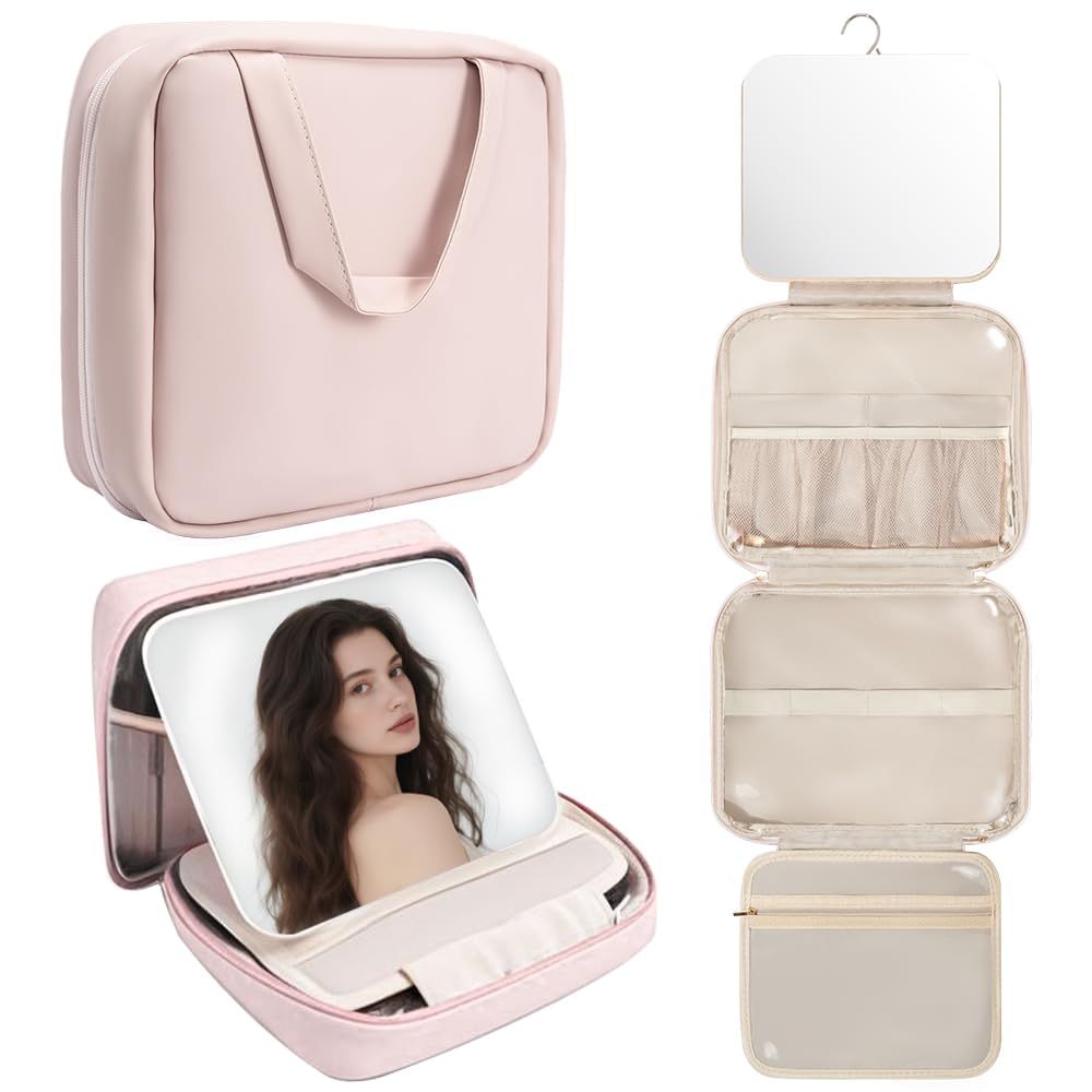GLINT & GLIDE Travel Makeup Bag with Mirror-Hanging Toiletry Large Capacity, Organizer Toiletries Bag, Portable Cosmetic Case for Women and Girls,
