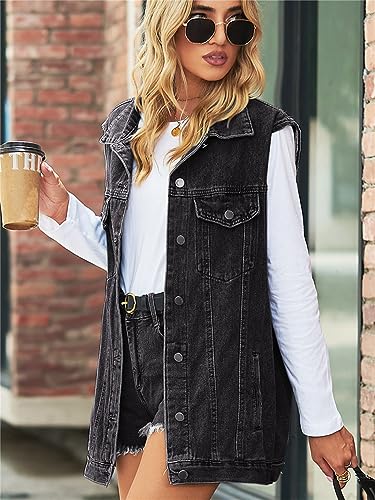 Image of PAODIKUAI Women's Oversized Denim Vest - Sleeveless Distressed Jean Vest with Pockets for Casual Layering