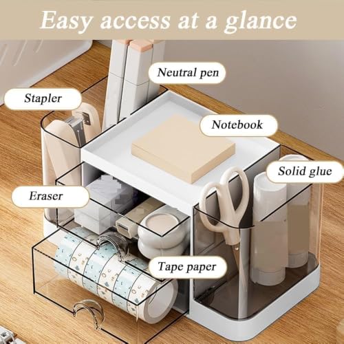 Image of Desk Organizer with 2 side Drawers & Dual Pen Holders Multipurpose Desktop Storage Box for Office Desk Study Table Makeup Vanity Stationery Holder with Transparent Top Tray(multicolor)
