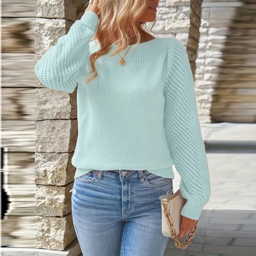 Womens Fall Long Sleeve Solid Color Sweaters Casual Outfits Puff Sleeve Knitted Pullover Jumper Tops4