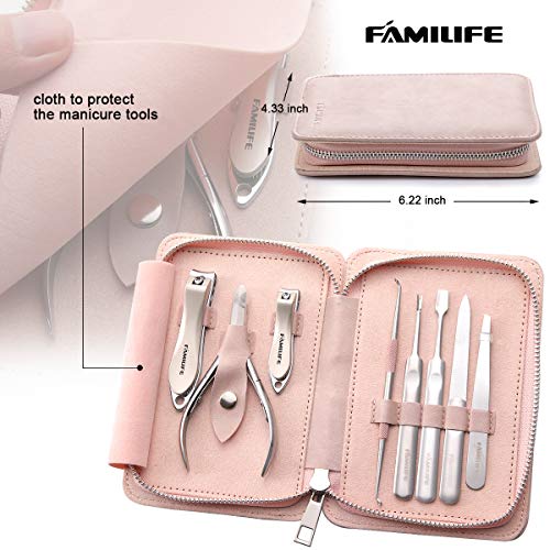 FAMILIFE Manicure Set, 8 in 1 Professional L13 Manicure Kit Nail Clipper Set Stainless Steel Pedicure Tools Kit Portable Grooming Kit with Pink Leather Travel Case for Women Girl
