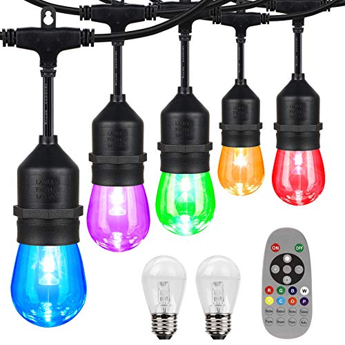 iMartine Outdoor Led String Lights Color Changing Dimmable, 48FT Waterproof Colored Warm White Cafe Light String with Remote /15+2 RGB Shatterproof Edison Bulbs, Patio Backyard Multicolor Red Lighting