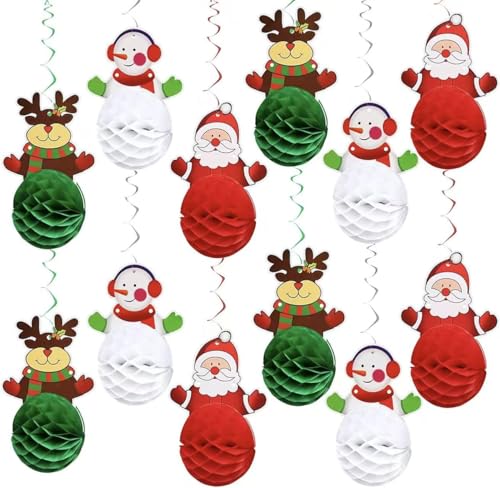 12 Pcs Christmas Decorations Ceiling Hanging Christmas Party Swirl Hanging Decor for Indoor Outdoor Christmas Snowman Claus Elk Sign Honeycomb Balls Happy Xmas Holiday Party Supplies